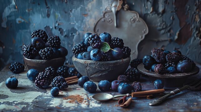 A flat lay of blackberries and blueberries on an old, textured kitchen counter with vintage utensils scattered around them The background is painted in shades of deep blues and grays