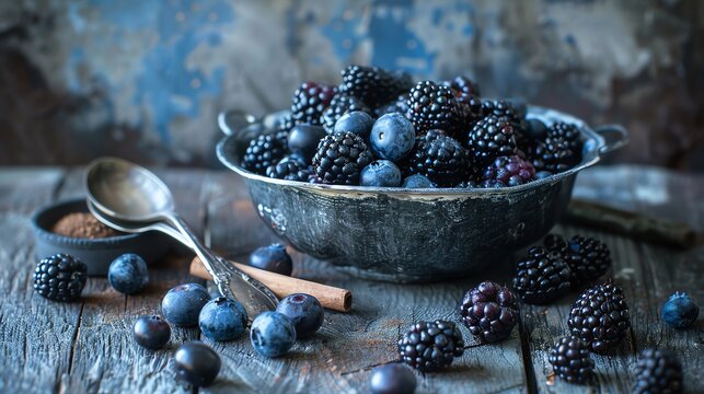 A flat lay of blackberries and blueberries on an old, textured kitchen counter with vintage utensils scattered around them The background is painted in shades of deep blues and grays