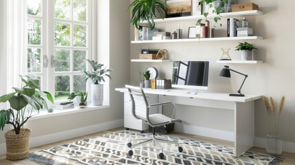 In the home office the matte white desk and shelves add a Scandinavian touch to the otherwise contemporary space. A matte black desk lamp and geometric patterned rug add visual interest . - obrazy, fototapety, plakaty