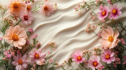 Background with light sand, flowers as decor top view with copy space