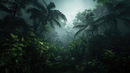 Enshrouded in Mystery: A Haunting Jungle Blanketed in Eerie Fog and Dense Foliage - obrazy, fototapety, plakaty