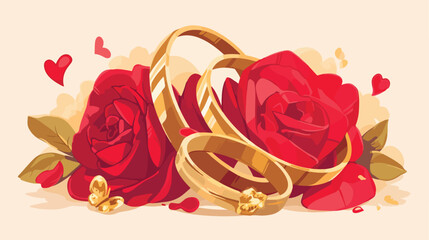 Wedding rings made of gold in front of red rose ..