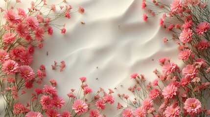 Background with light sand, flowers as decor top view with copy space