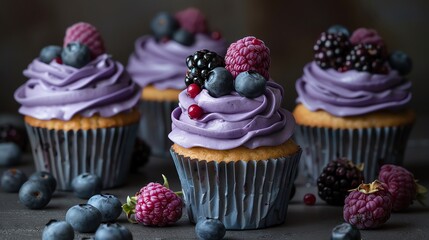 blueberry cupcakes with purple frosting and fresh berries on top, placed in dark wood pantries on a dark grey background - obrazy, fototapety, plakaty