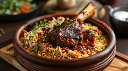 Delicious baryani with lamb shank and red gravy