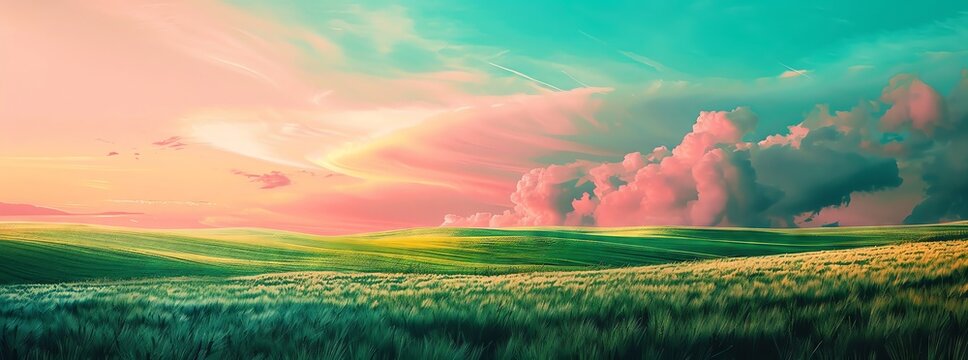 green field in the background pink sunset, green grass, air clouds, very realistic turquoise blue abstract background