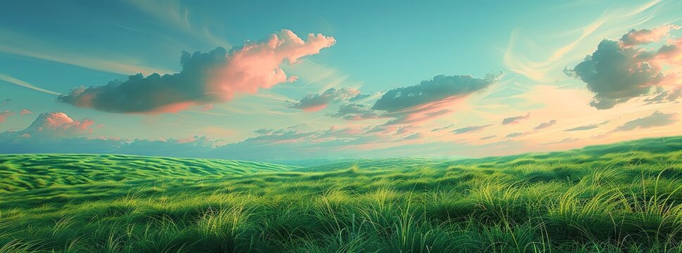 green field in the background pink sunset, green grass, air clouds, very realistic turquoise blue abstract background