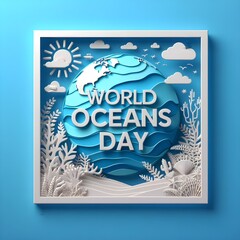 World oceans day Paper art style social media post design with underwater ocean, dolphin, shark, coral, sea plants, stingray and turtle