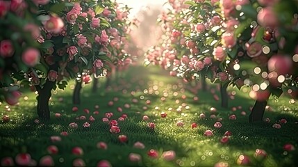 Captivating 8K 4K Realistic Image of a Lush Apple Orchard in Full Bloom During the Vibrant Spring Season - obrazy, fototapety, plakaty