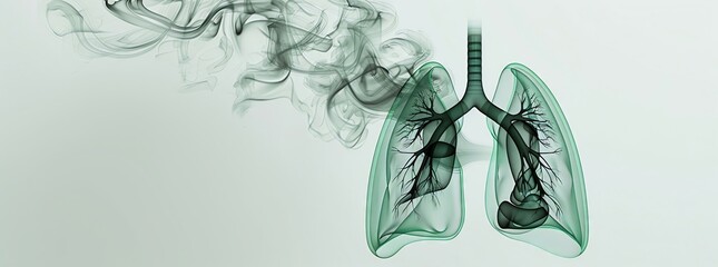 Lung respiration, medical technology background of human organ analysis frame model in green life, c4d, 3d render, white background, concept, abstract smoke trail in the gray sky - obrazy, fototapety, plakaty