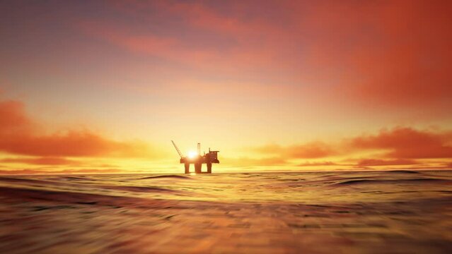 Aerial View Of Offshore Jack Up Drilling Rig During Sunset, Oil And Gas Industry