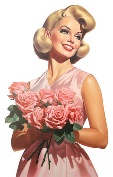 PNG  A model woman standing holding a bouquet of roses art painting drawing