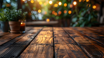 Dark Wooden Table in Cozy Cafe with Boho Decor and Blurred String Lights Backdrop