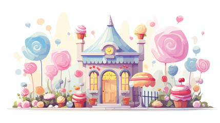 Whimsical candy shop where lollipops grow like flow