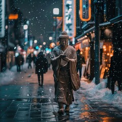 Buddha's Serene Stroll: A Peaceful Encounter in the Streets of Sapporo, Japan