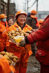 Female Chinese Sanitation Worker in Vibrant Orange Uniform Keeping the Streets Clean and Tidy with Dedication and Hard Work - obrazy, fototapety, plakaty