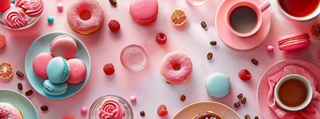 food and coffee, featuring pink donuts, macarons, colorful candies, coffee cups, tea glass - obrazy, fototapety, plakaty