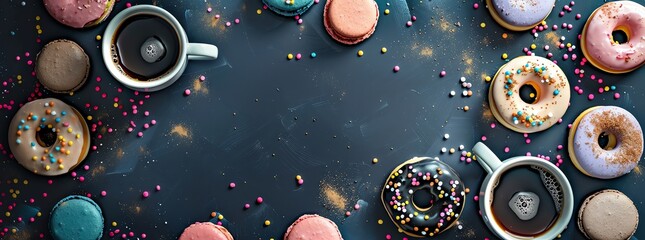 The circular pattern of the coffee and donuts theme is surrounded by macarons, with pink confetti sprinkles on it The photography uses a flat lay style with studio lighting