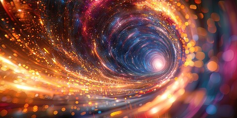 Color image of a warp tunnel in deep space. Matter particles spin in the vortex of gravity. Hyperspace. Generative AI