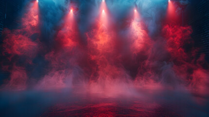 Darkened Stage Illuminated by Red and Blue Spotlights with Swirling Fog - obrazy, fototapety, plakaty