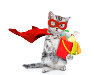 Funny tabby kitten wearing superhero costume holds bucket with washing fluids. Isolated on white background - 784889372