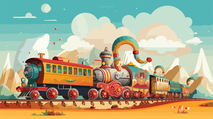 Whimsical circus train traveling through land of wo