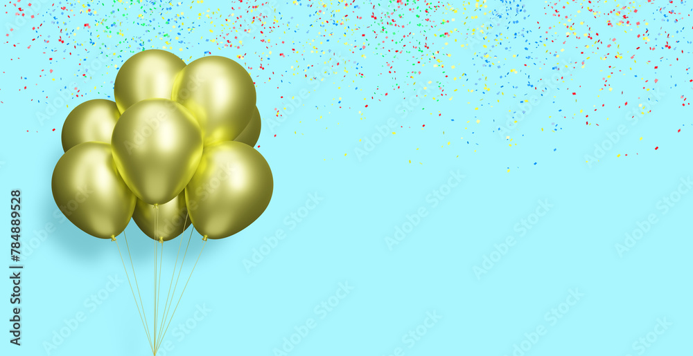 Poster Bunch of golden or yellow balloons on blue background with confetti. Empty space for text. 3d rendering