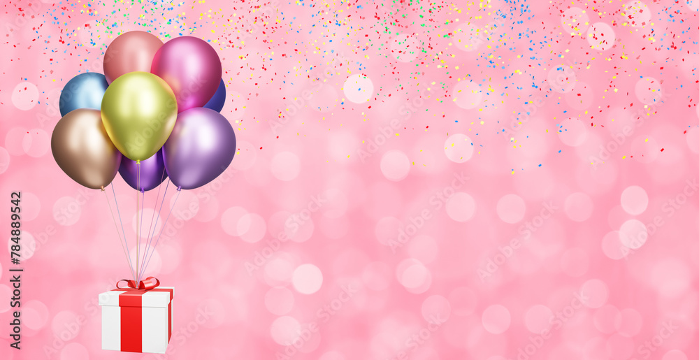 Poster Flying gift box with multicolored shiny balloons on blurred pink background with confetti. 3d rendering. Empty space for text