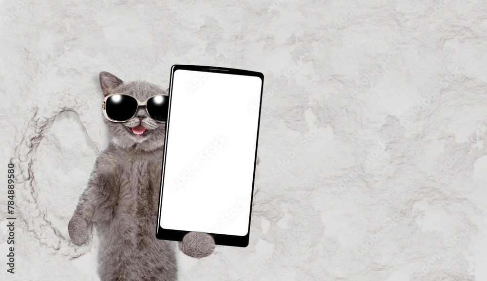 Poster Happy cat making snow angel while lying on snow and holding smartphone with white blank screen in it paw. Empty space for text