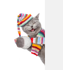 Happy cat wearing warm winter knitted woolen hat with pompon and scarf holds snowball and looks from behind empty white banner. Isolated on white background - 784889539