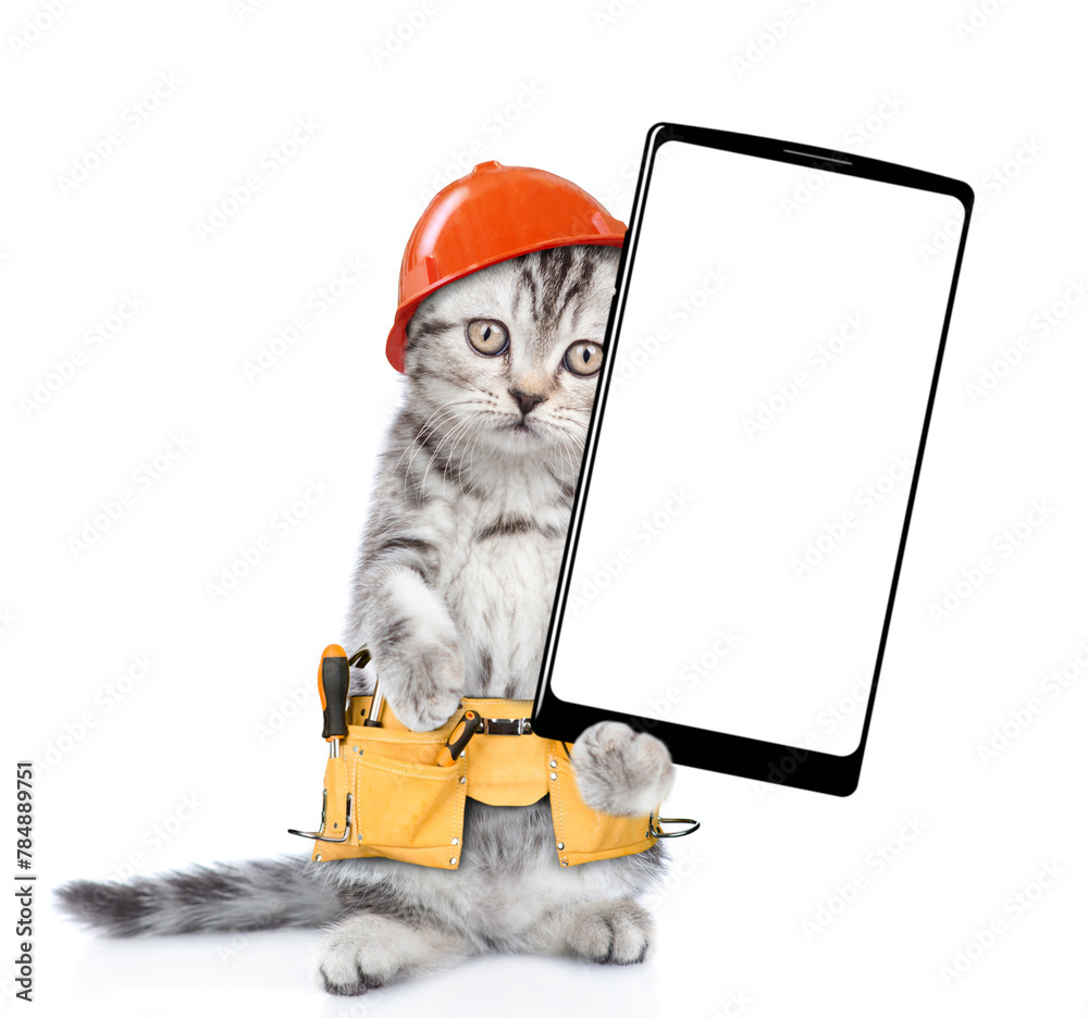 Poster funny cat worker wearing hardhat and toolbelt standing on hind legs and shows big smartphone with wh
