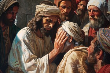Portrait of Jesus healing the blind man in jerusalem: capturing the compassionate miracle of sight restoration, depicting a profound moment of faith and divine intervention in biblical narrative