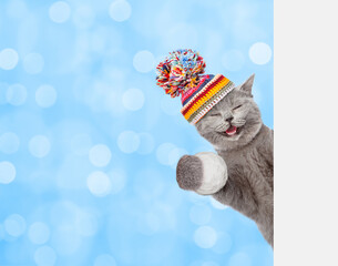 Happy cat wearing warm winter knitted woolen hat with pompon  holds snowball behind empty white banner. Blurred blue background - 784889789