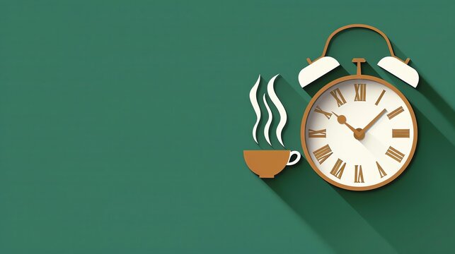 A clock shaped like a coffee cup with steam rising from it, set against a green background The design is simple and modern