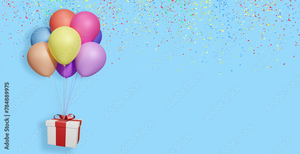 Poster Flying gift box with multicolored balloons on blue background with confetti. Empty space for text. 3d rendering