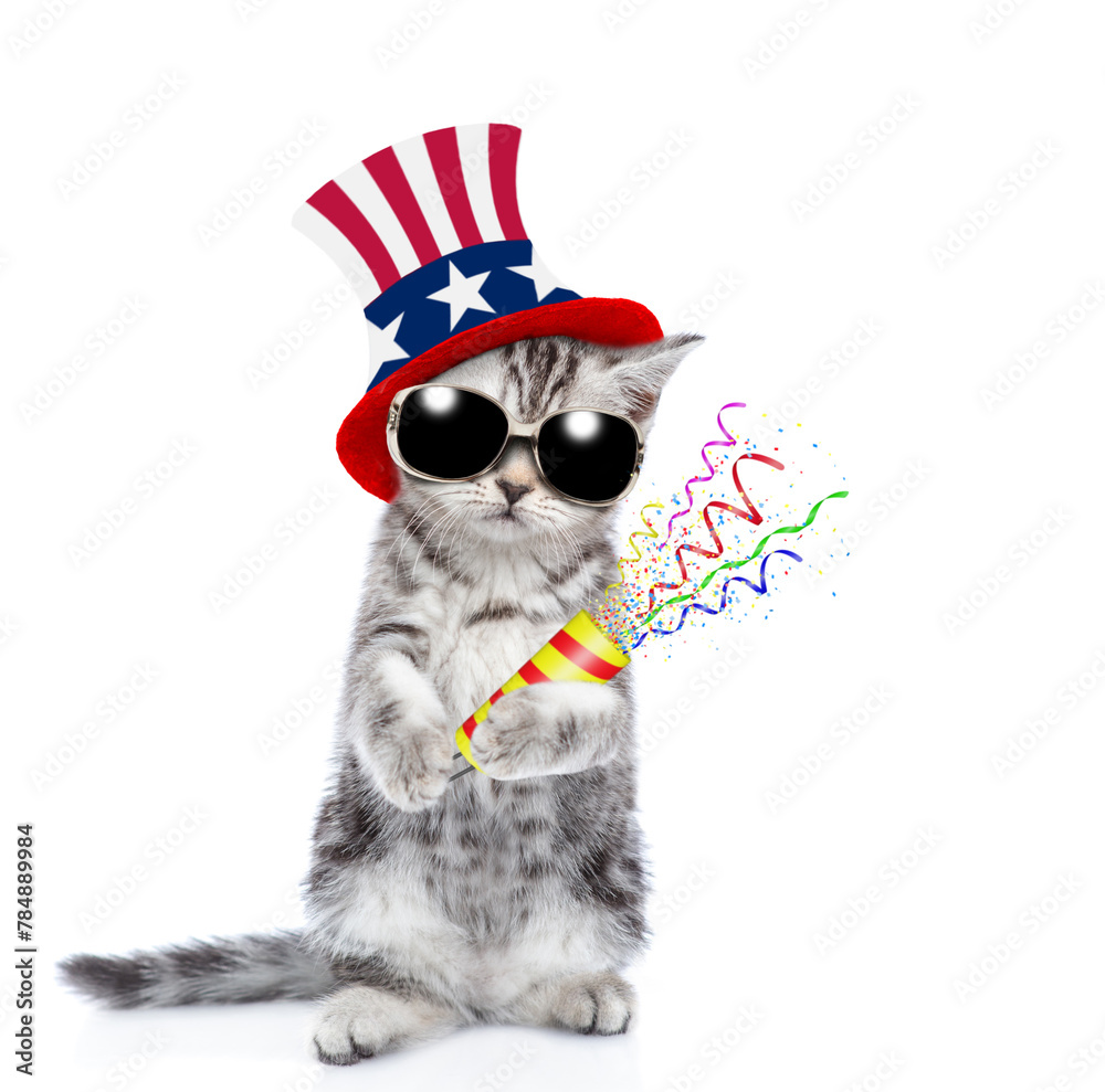 Poster cute kitten wearing like uncle sam explodes a firecracker. isolated on white background. 4th of july