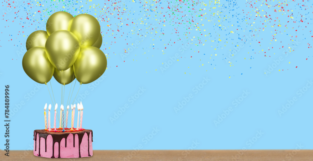 Aufkleber Birthday cake with bunch of golden balloons on blue background with confetti. Empty space for text. 3d rendering