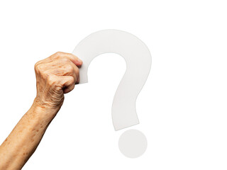 Hand holding a white question mark symbol against a transparent background.