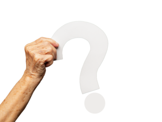 Hand holding a white question mark symbol against a transparent background.