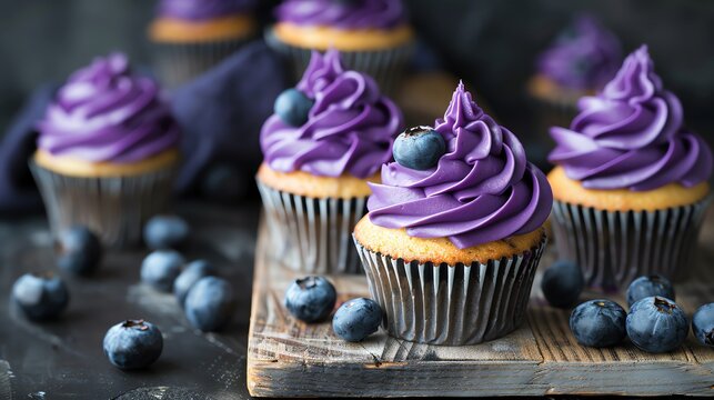 A photo of blueberry cupcakes with deep purple frosting, placed on an old wooden board