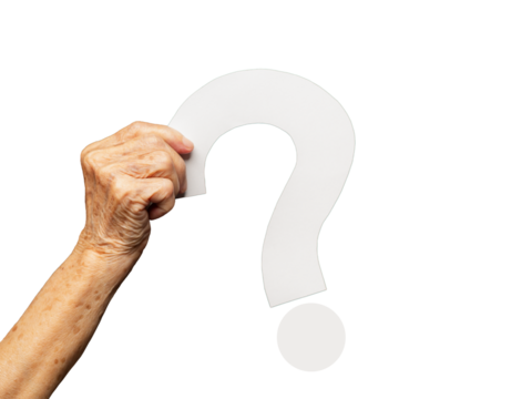 Hand holding a white question mark symbol against a transparent background.