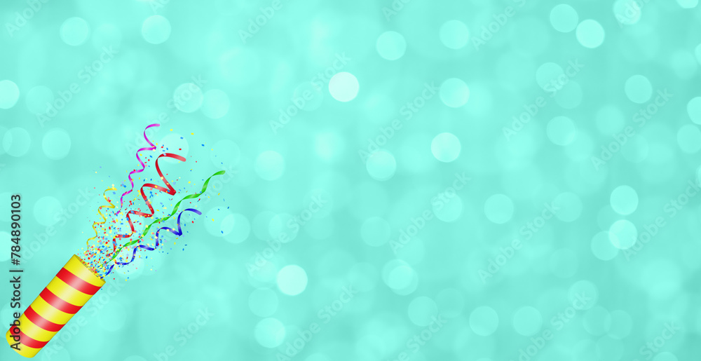 Aufkleber party popper with flying confetti. yellow and red firecracker explodes with serpentine. birthday and