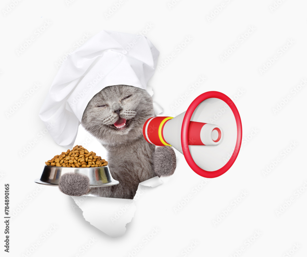 Poster happy cat wearing chefs hat looking through the hole in white paper meowing into the megaphone and s