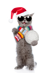 Happy cat wearing sunglasses and red santa hat and warm winter knitted woolen scarf holds big snowball. Isolated on white background