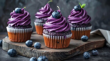 Blueberry cupcakes with a deep purple frosting, arranged on rustic wooden platters against a dark grey background