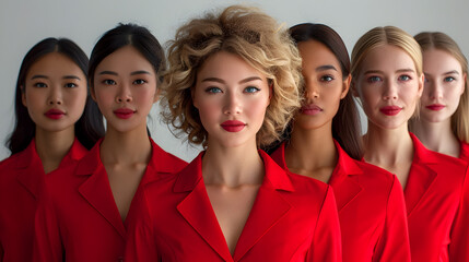 Diverse Group of Elegant Women in Red Outfits Showcasing Fashion and Beauty Aesthetic