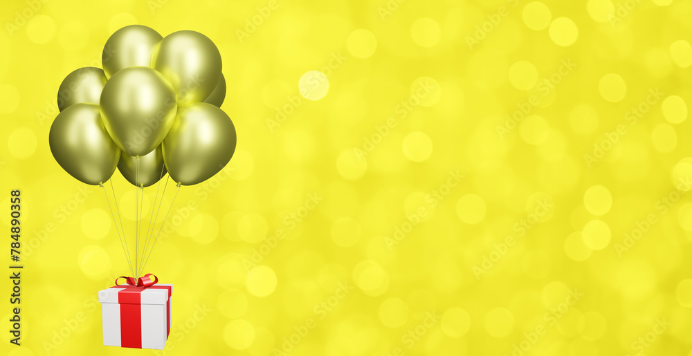 Poster flying gift box with yellow balloons on blurred yellow background. empty space for text. 3d renderin
