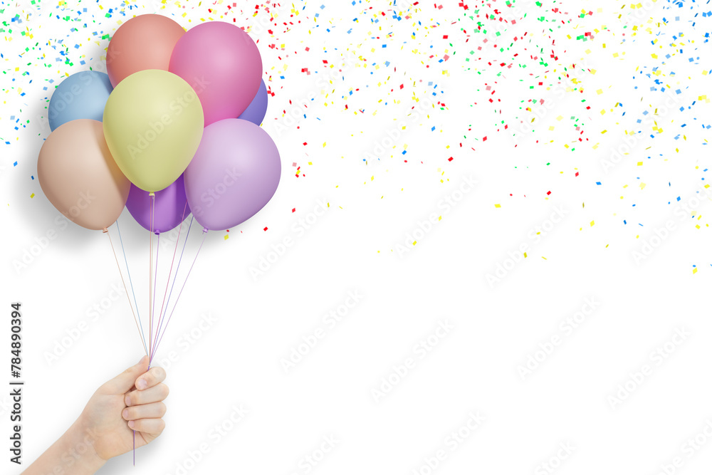 Poster female hand holds bunch of colorful balloons on white background with confetti. empty space for text