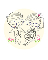 Happy couples dancing on bright days, Hand drawn  Illustration in sketch doodle style.