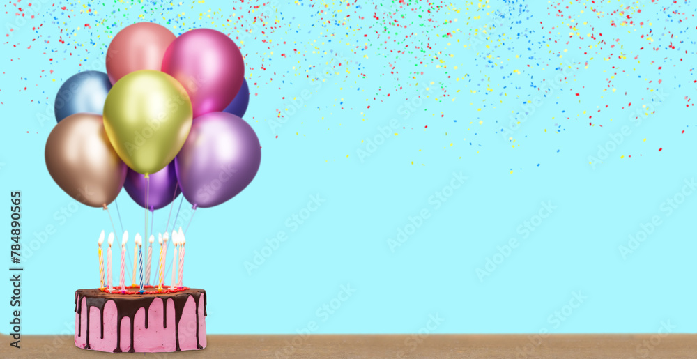 Poster birthday cake with bunch of colorful balloonson blue background with confetti. empty space for text